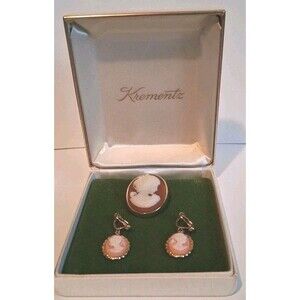 Vtg Krementz  Shell Cameo Brooch & Earrings 14k Gold Overlay In Original Box